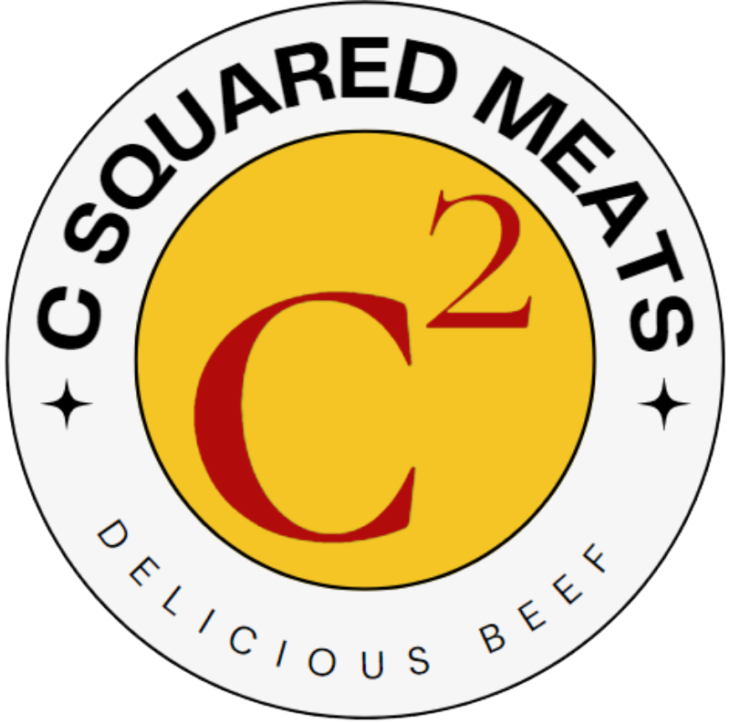 Logo of C Squared Meats featuring a stylized "C²" in red on a yellow background, with the text "C SQUARED MEATS" and "DELICIOUS BEEF" encircling the design, representing a brand focused on high-quality beef products.